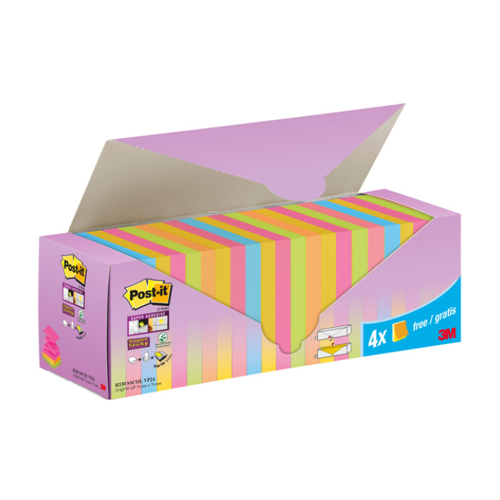Memoblok 3M Post-it Z-Note R330 Super Sticky 76x76mm assorti kleur 20 + 4 gratis