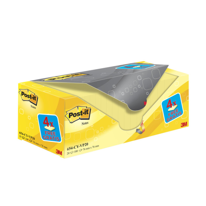 Memoblok 3M Post-it 654 76x76mm geel 16 + 4 gratis