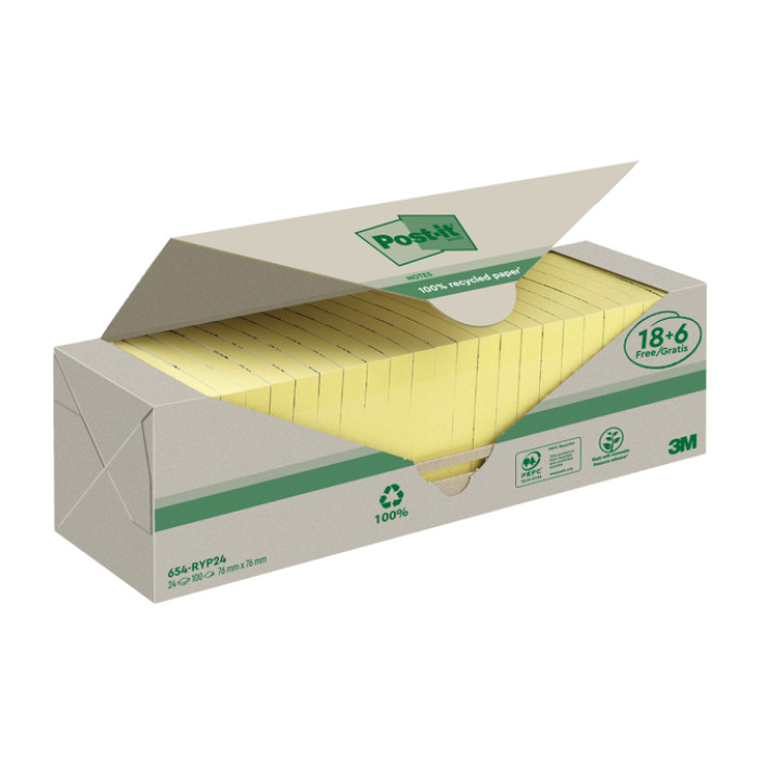 Memoblok 3M Post-it 654 76x76mm recycle geel 18 + 6 gratis