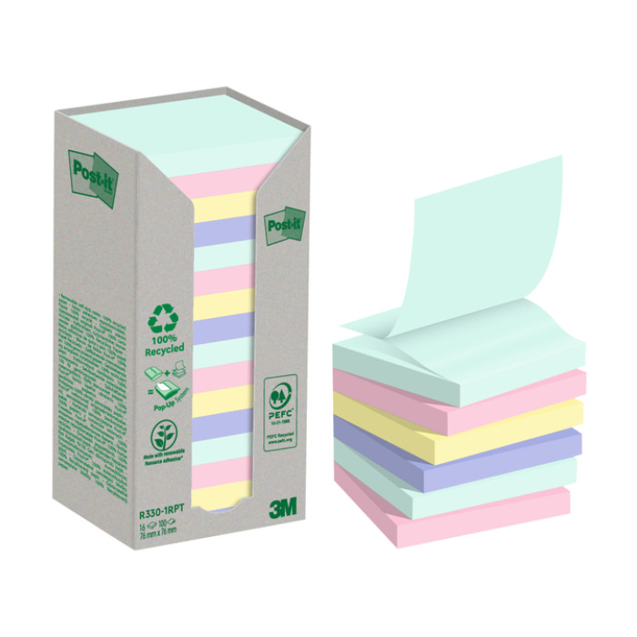 Memoblok 3M Post-it Z-Note R330 76x76mm recycle assorti kleur 16 stuks