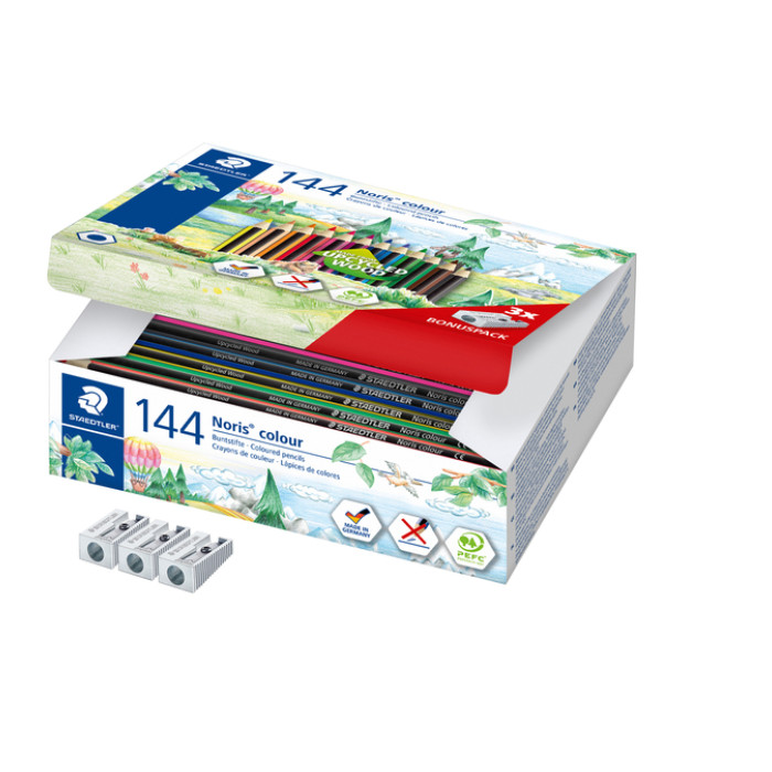 Kleurpotloden Staedtler Noris classpack à 144 stuks 12 kleuren + 3 puntenslijpers gratis