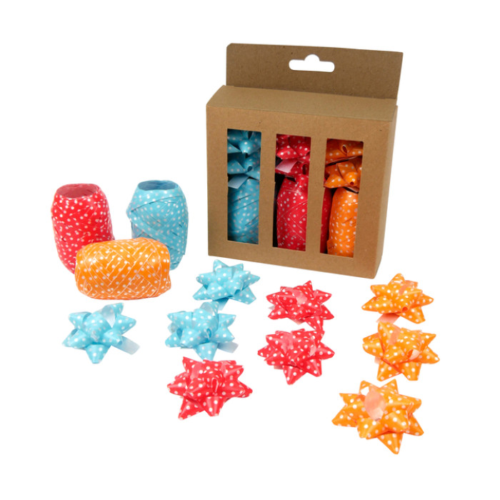 Krullint en strik rood/oranje/blauw 12 stuks