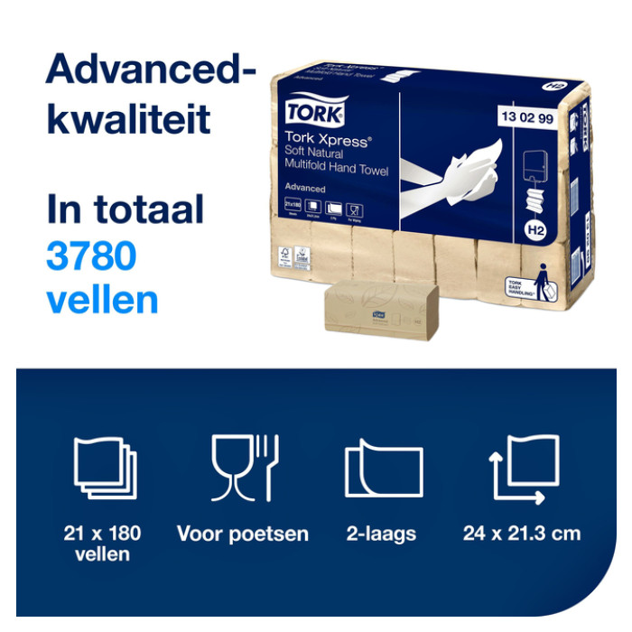 Handdoek Tork H2 Xpress Advanced multifold 2-laags 213x240mm 21x180 vel naturel 130299