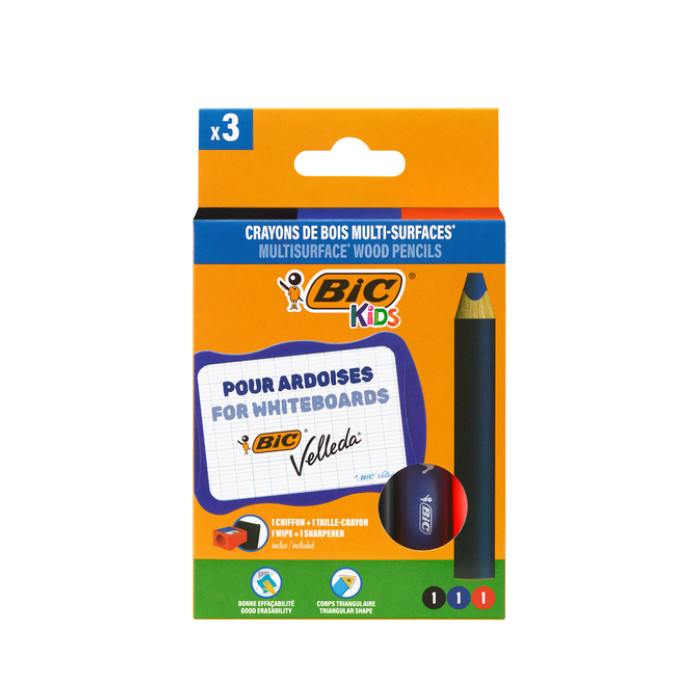Whiteboardpotlood BicKids Multi Surface + puntenslijper/doekje ass 3st