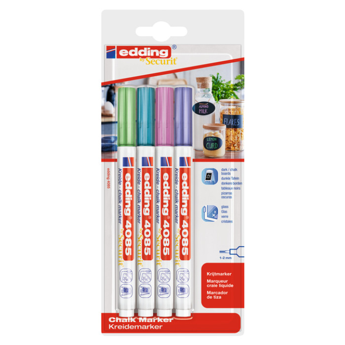 Krijtstift edding 4085 by Securit rond 1-2mm mtl assorti blister à 4st