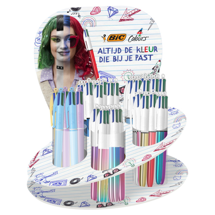 Balpen Bic 4kleuren medium assorti display à 60 stuks