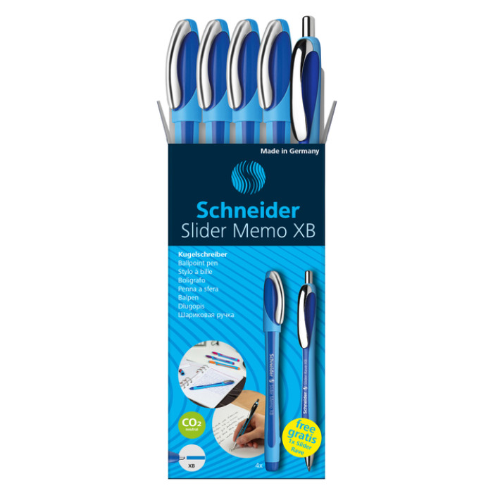 Balpen Schneider Slider Memo XB  blauw 4st + 1 gratis Slider balpen