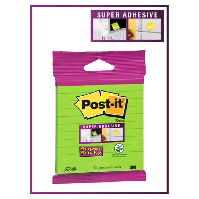 Memoblok 3M Post-it XL-LL Super Sticky 101mmx101mm groen met lijn 70 vel