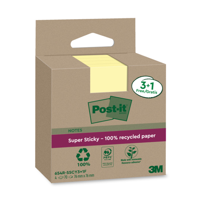 Memoblok 3M Post-it 654 RSSCOL 76x76mm geel 3+1 gratis