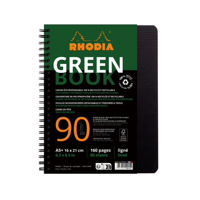 Notitieboek Rhodia Greenbook A5 lijn 6-gaats 180 pagina's 90gr zwart