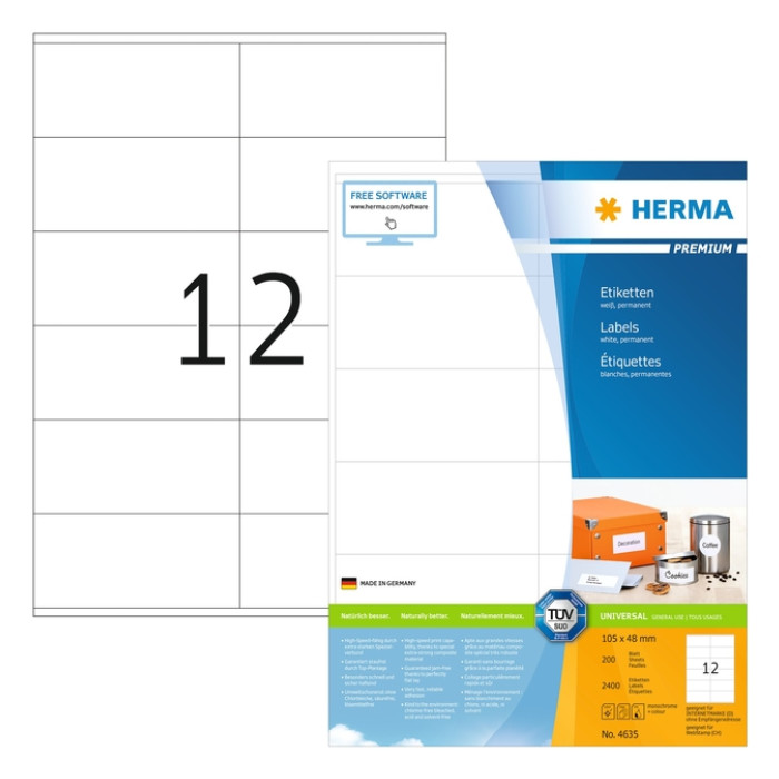 Etiket HERMA 4635 105x48mm premium wit 2400 etiketten