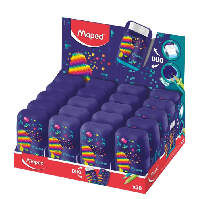 Puntenslijper Maped Pixel Party Connect 2-gaats met gum display à 20 stuks