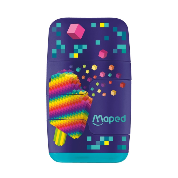 Puntenslijper Maped Pixel Party Connect 2-gaats met gum display à 20 stuks