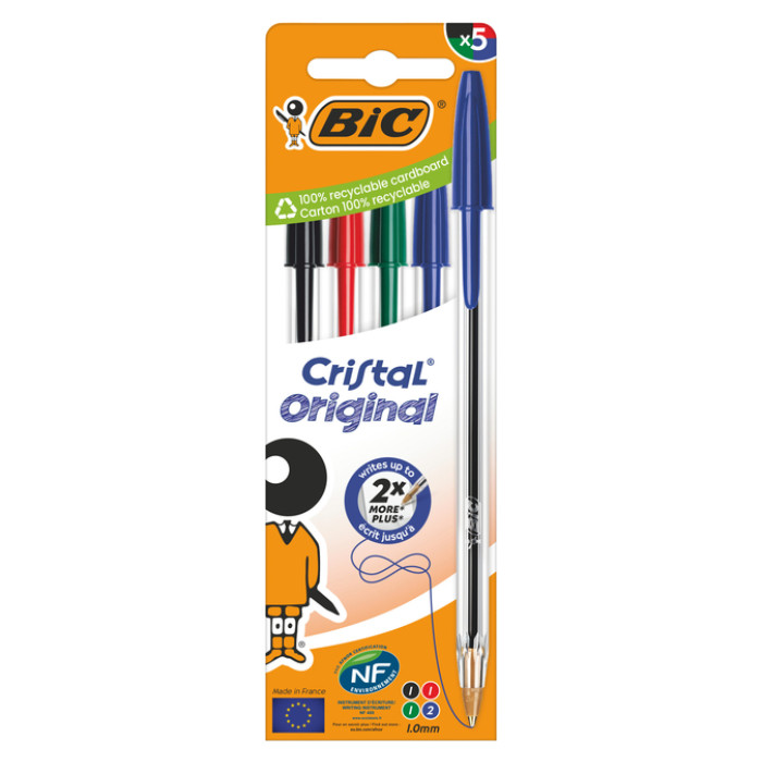 Balpen Bic Cristal medium assorti blister à 5 stuks
