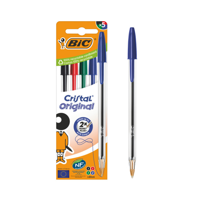 Balpen Bic Cristal medium assorti blister à 5 stuks