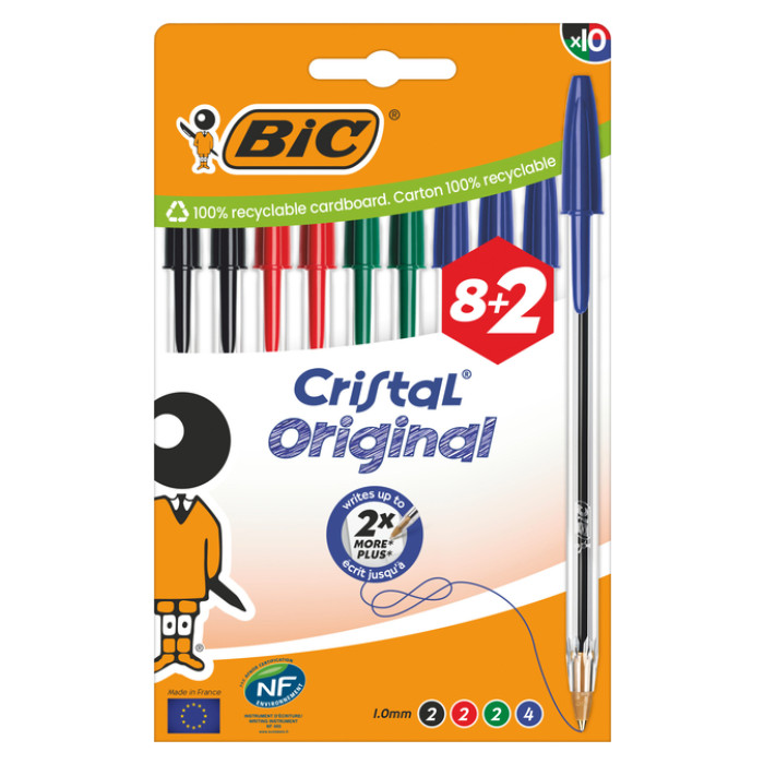 Balpen Bic Cristal medium assorti blister à 8+2 gratis