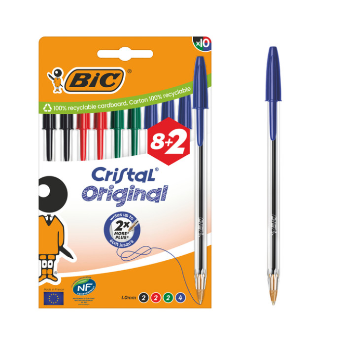 Balpen Bic Cristal medium assorti blister à 8+2 gratis