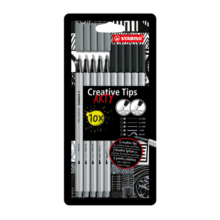 Creative Tips STABILO Arty assorti tips zwart en grijs blister à 10 stuks