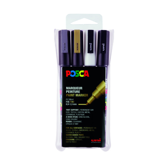 Paintmarker Uni POSCA PC3M fijn assorti set à 4 stuks