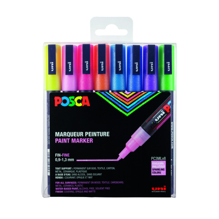 Paintmarker Uni POSCA PC3M fijn glitter pastel assorti set a 8 stuks