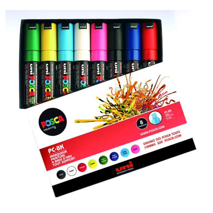 Paintmarker Uni POSCA PC8K breed schuin assorti set à 8 stuks