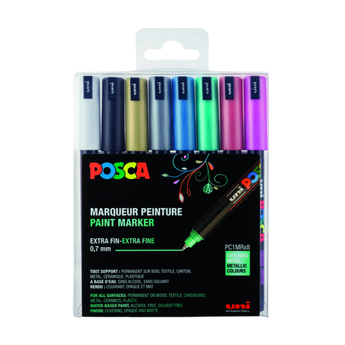 Paintmarker Uni POSCA PC1MR extra fijn metallic assorti set à 8 stuks