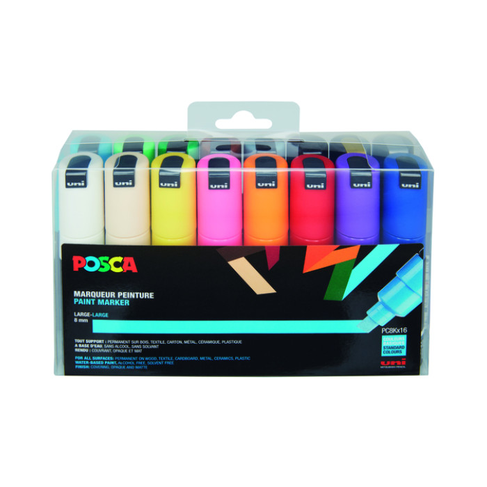 Paintmarker Uni POSCA PC8K breed schuin assorti set à 16 stuks