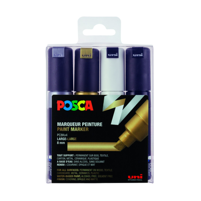 Paintmarker Uni POSCA PC8K breed schuin assorti set à 4 stuks