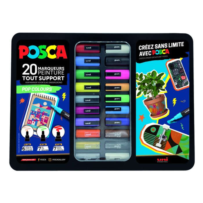Paintmarker Uni POSCA Pop Colours assorti metalen koffer à 20 stuks