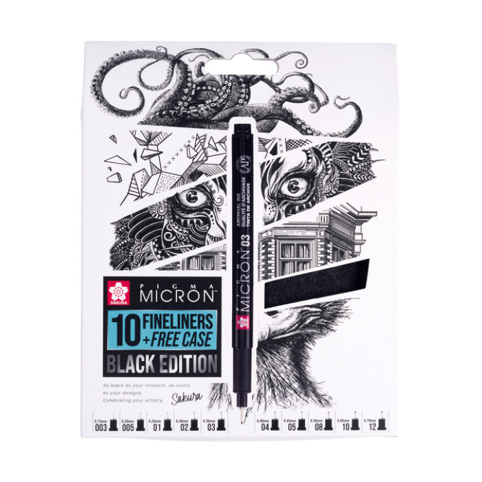 Fineliner Sakura Pigma Micron Black Edition set à 10 breedtes + gratis etui