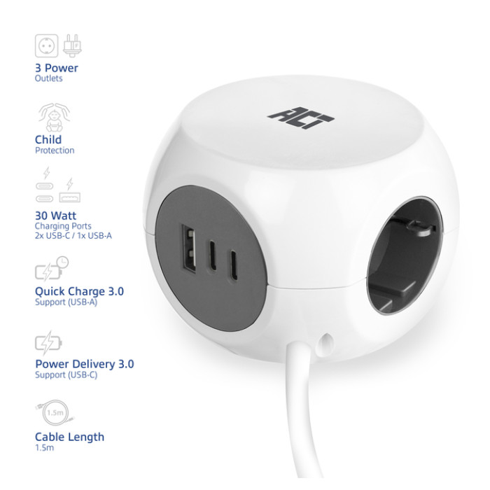 Stekkerblok ACT 3 voudig  inclusief 2x USB C/A 1.5 meter wit/grijs