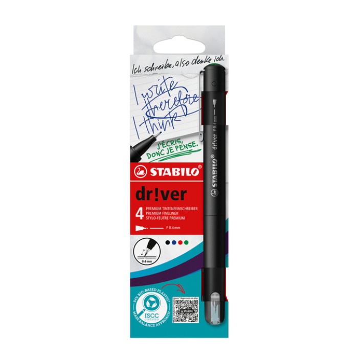 Fineliner STABILO dr!ver fijn assorti 4 stuks