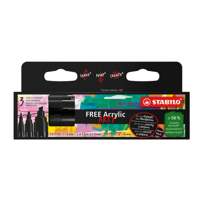 Acrylmarker STABILO  Free Acrylic Mixed Tip set à 3 breedtes zwart