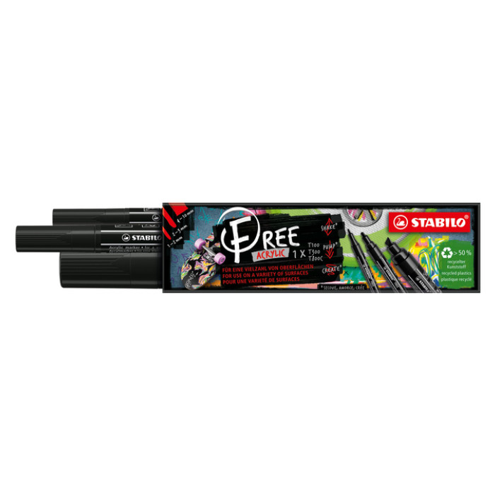 Acrylmarker STABILO  Free Acrylic Mixed Tip set à 3 breedtes zwart