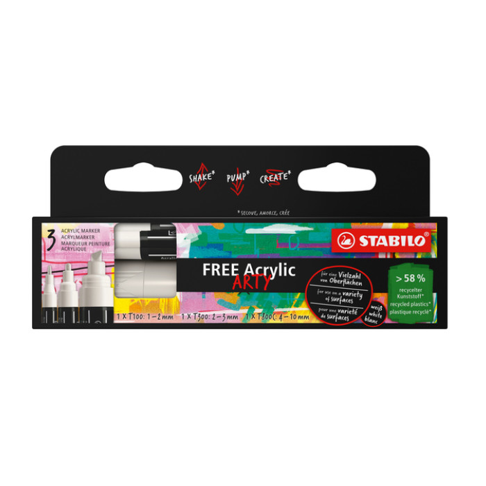 Acrylmarker STABILO  Free Acrylic Mixed Tip set à 3 breedtes wit
