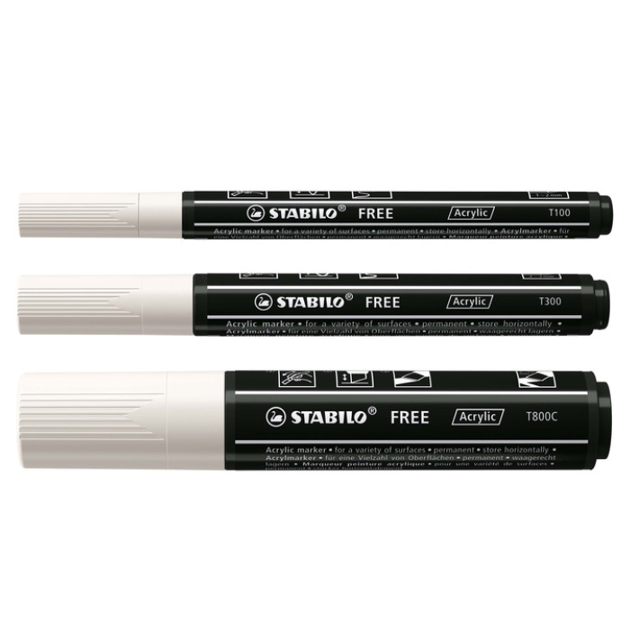 Acrylmarker STABILO  Free Acrylic Mixed Tip set à 3 breedtes wit
