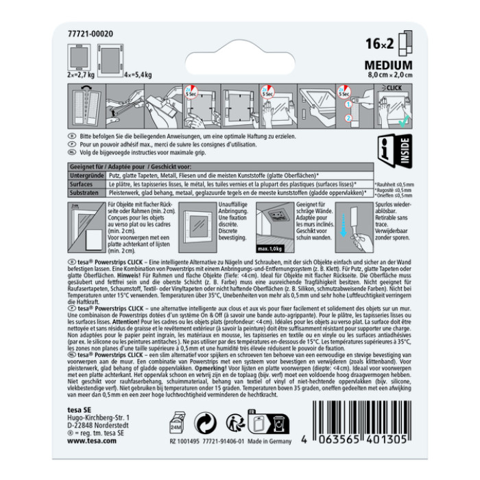 Kleefstip tesa Powerstrips Click Medium 16 paar wit