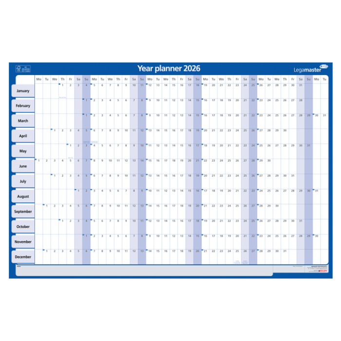 Jaarplanner 2026 Legamaster 90x60cm horizontaal gelamineerd en oprolbaar Engelstalig