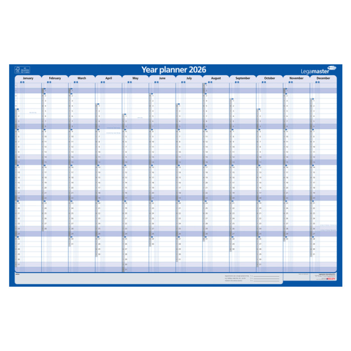 Jaarplanner 2026 Legamaster 1 persoon 90x60cm horizontaal gelamineerd Engelstalig