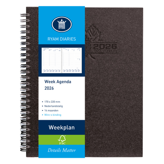 Agenda 2026 Ryam Weekplan Wire-o 7dagen/2pagina's zwart