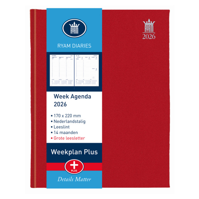 Agenda 2026 Ryam Weekplan Plus Mercury 7dagen/2pagina's rood
