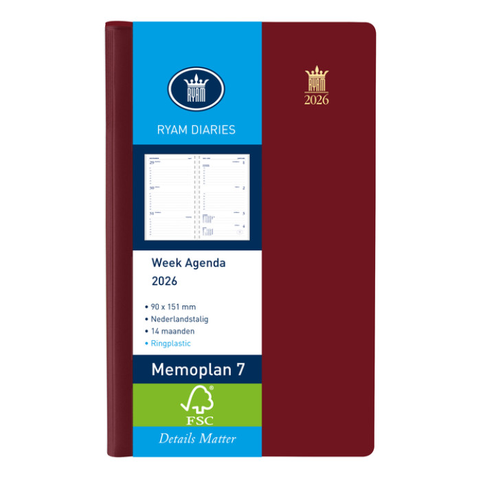 Agenda 2026 Ryam Memoplan 7 Suprema ringplasic 7dagen/2pagina's bordeaux