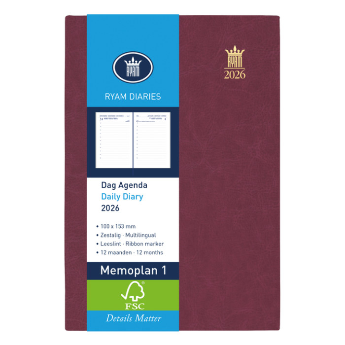 Agenda 2026 Ryam Memoplan 1 Mundior 1dag/1pagina bordeaux