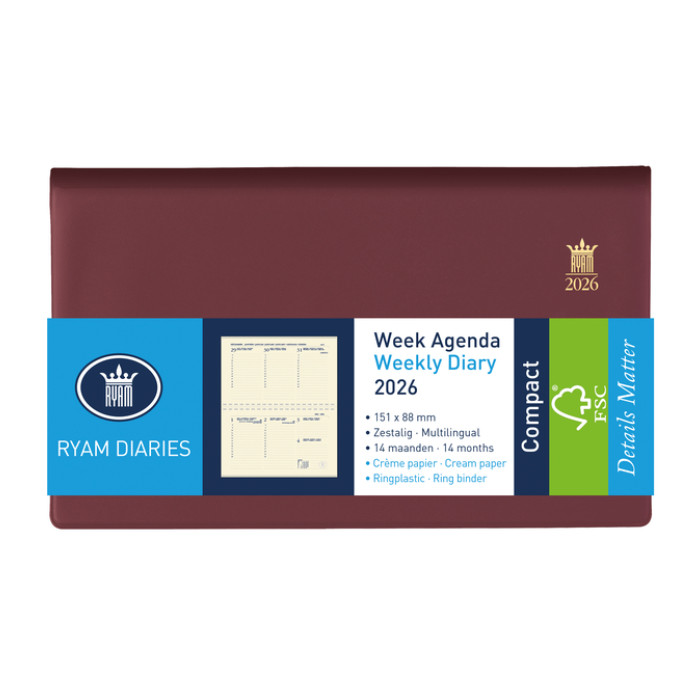 Agenda 2026 Ryam Compact Suprema 7dagen/2pagina's ringplastic bordeaux
