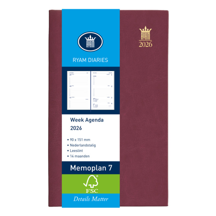 Agenda 2026 Ryam Memoplan 7 Mundior 7dagen/2pagina's bordeaux