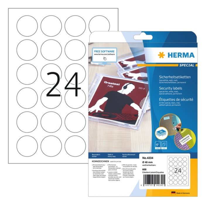 Veiligheidsetiket HERMA 4234 rond 40mm wit 600 etiketten