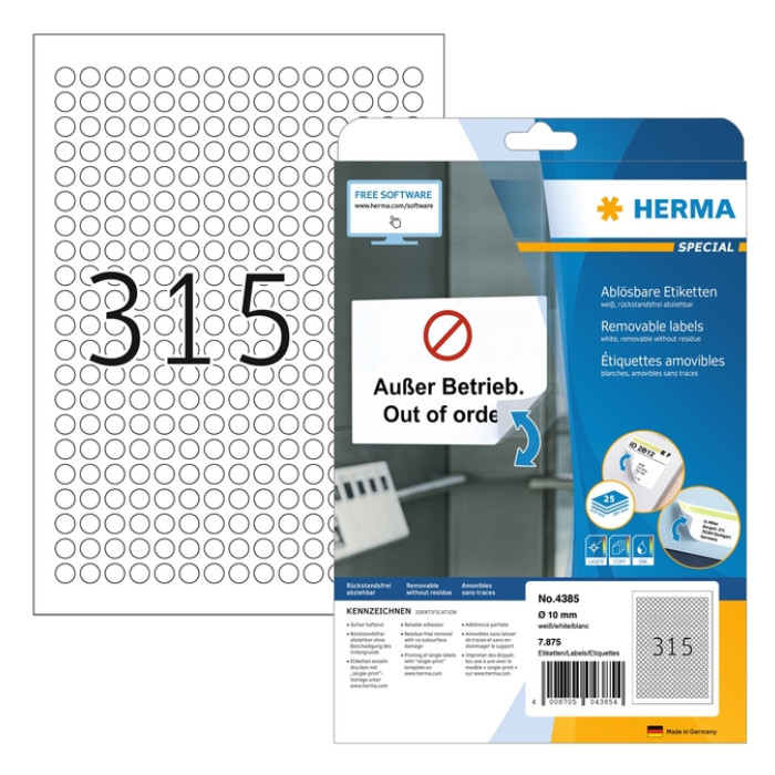 Etiket HERMA 4385 rond 10mm wit 7875 etiketten
