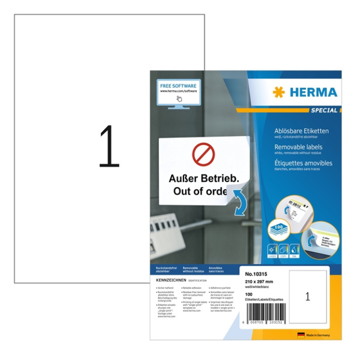 Etiket HERMA 10315 210x297mm wit 100 etiketten