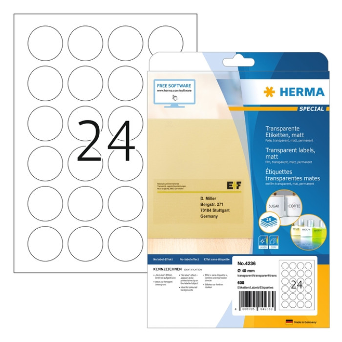 Etiket HERMA 4236 rond 40mm transparant 600 etiketten