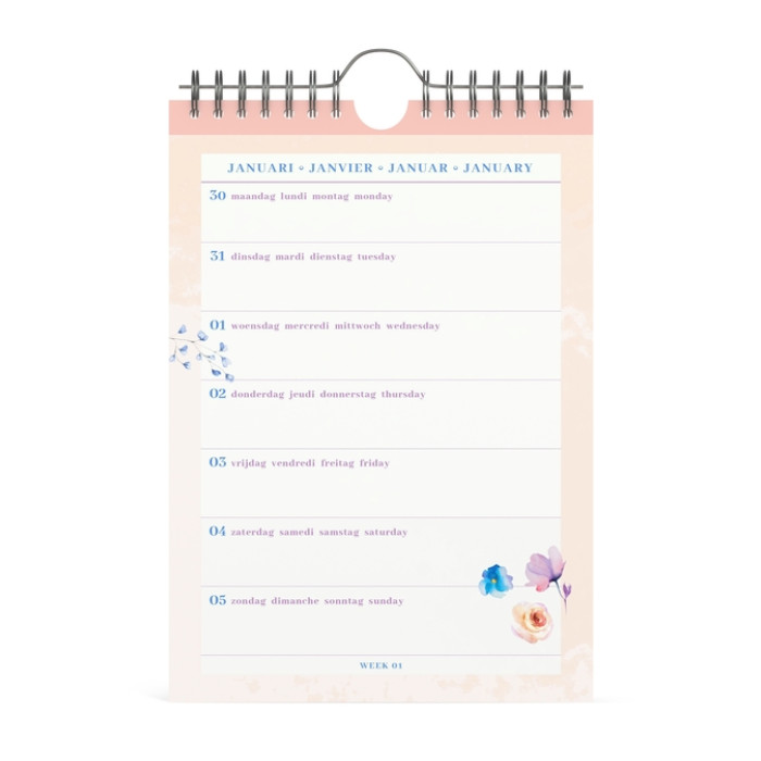 Weekkalender 2026 Lannoo 155x220 Flowers watercolour 7dagen/1pagina roze
